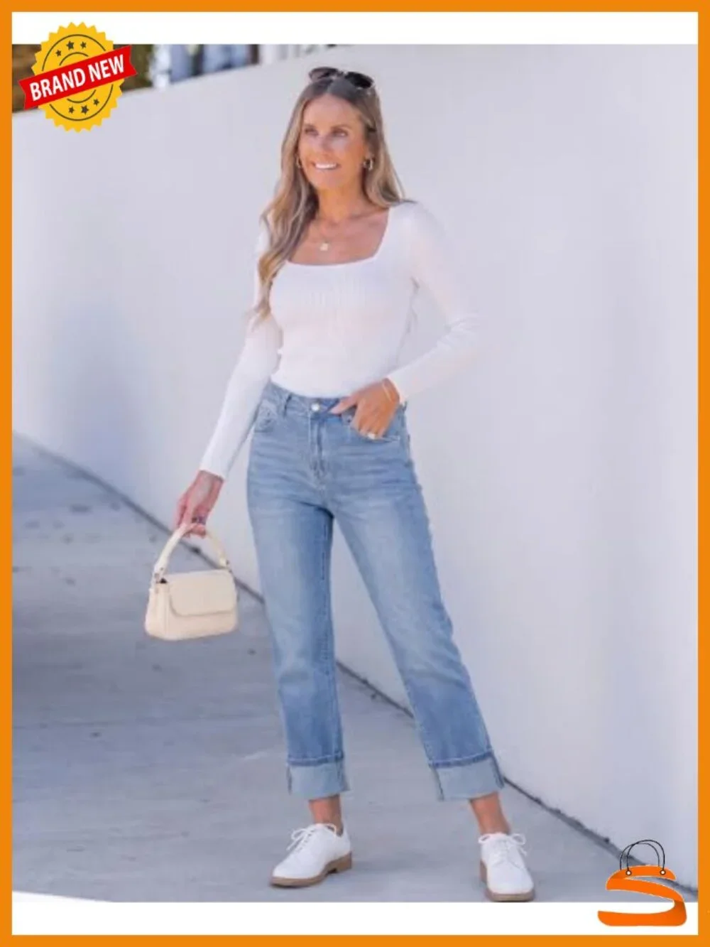 High Waist Cropped Straight Leg Jeans Distressed Wash Cuffed Hem Stretch Denim